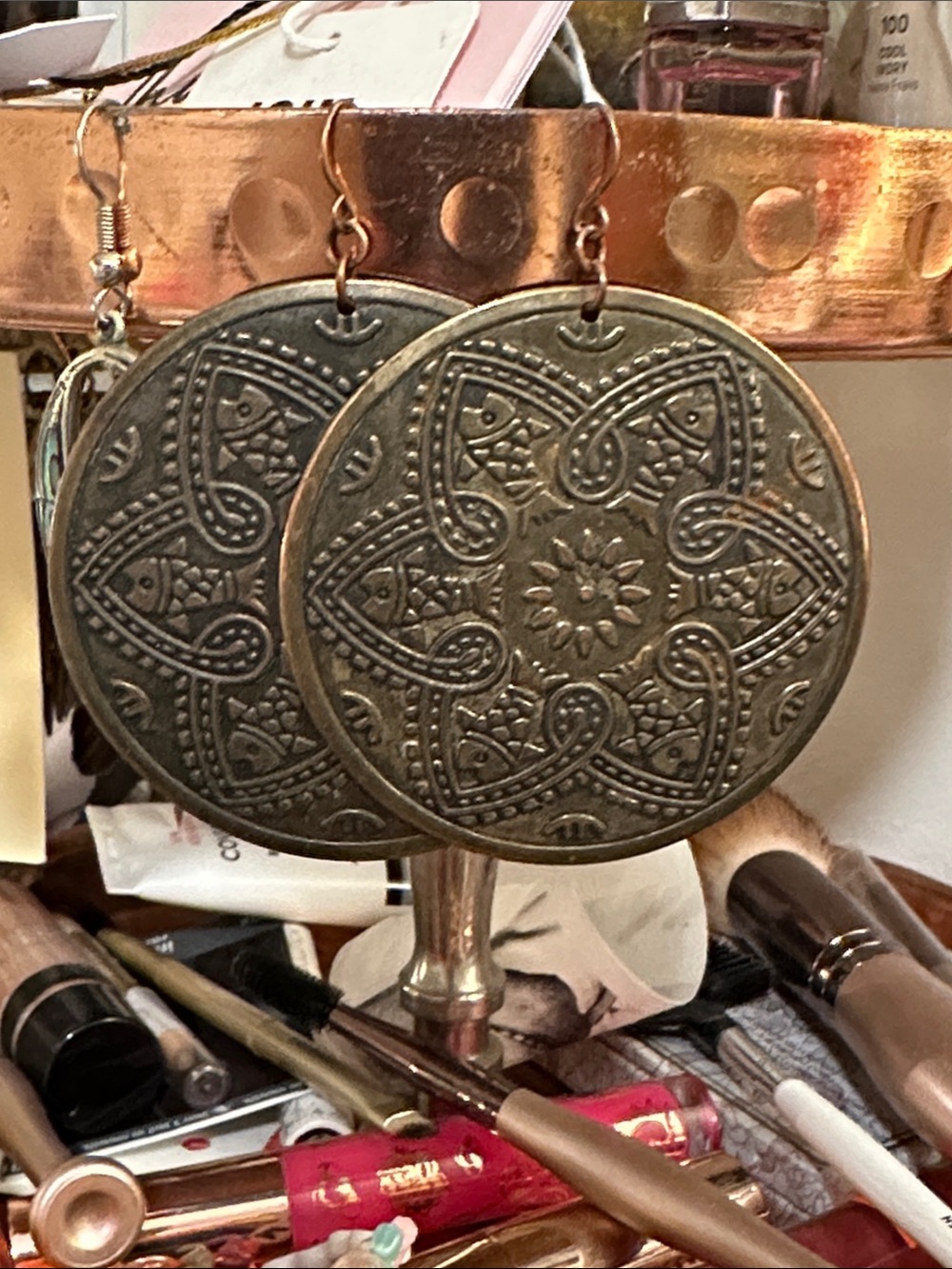 Vintage-Style Round Embossed Metal Earrings - Bronze